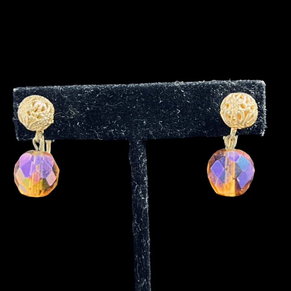 Gold Tone And Marigold Aurora Borealis Coating Dangle Clip On Earrings (5252)